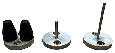 Mascaro Infill and Cleat Depth Tester showing cleat depth foot as well as 1 ans 2 inch infill depth feet. The cleats are custom designed to mimic a 5/8 inch cleats penetration into the surface