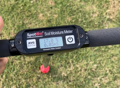 The Spot On TDR Moisture Meter display can either show VWC Only in large font or VWC + EC in smaller font.