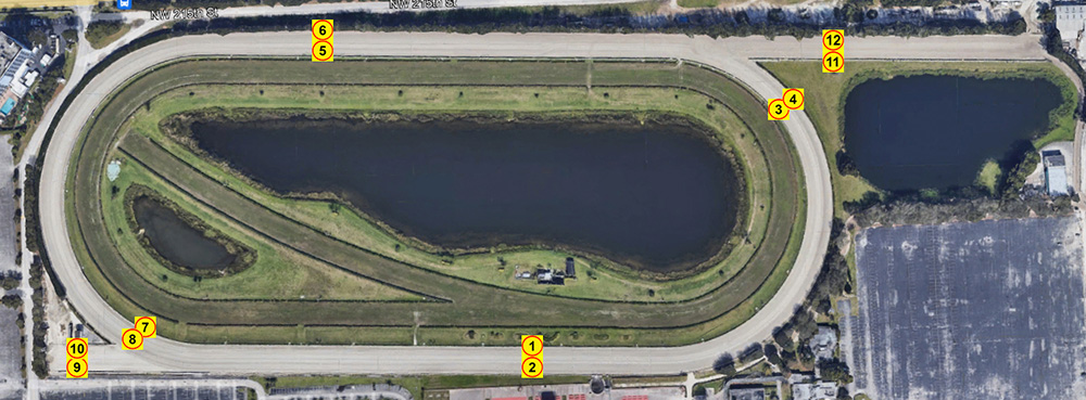 On Racetracks, measuring areas at the 1/4-mile poles in test locations that are 5 and 15 feet from the rail will give a good indication of uniformity and consistency of the base material in the track. The goal is to have all shear strength readings on these test areas be within +/- 5% of each area. Also taking Moisture readings at the same time and areas as shear strength test locations and ensuring that all the areas also have the same soil moisture percentage will allow consistency. Also, keeping a record of soil moisture will allow these shear strength numbers to be compared over time. It is also suggested that Clegg Impact Tests also be performed on these areas in order to get comparable gMax readings