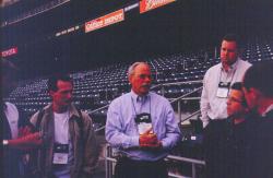 Steve Wightman, Sports Turf Manager at Qualcomm Stadium in San Diego, CA showing a group of friends the stadium.